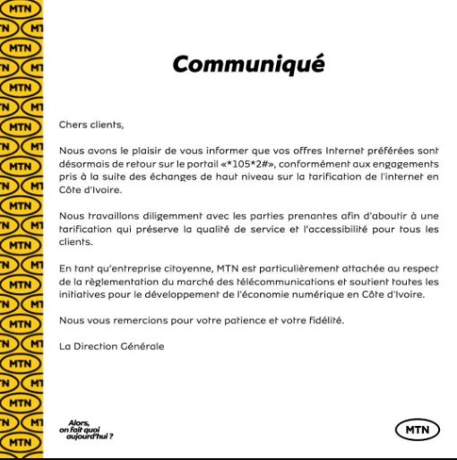 Le communiqué de MTN Côte d'Ivoire qui annonce le retour des anciens packs internet